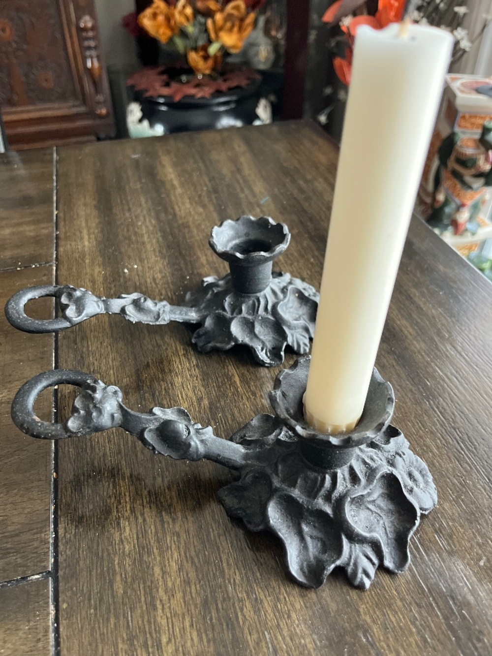 Vintage cast iron chamber ornated candlestick holder(s)